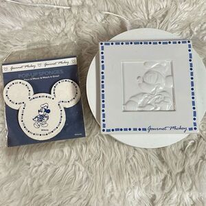 Disney Gourmet Mickey Ceramic Hot Plate 6X6 & Pop Up Kitchen Sponges Blue White